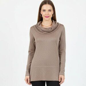 Willi Smith Tan & Gold Metallic Cowl Drape Neck Knit Sweater Top L
